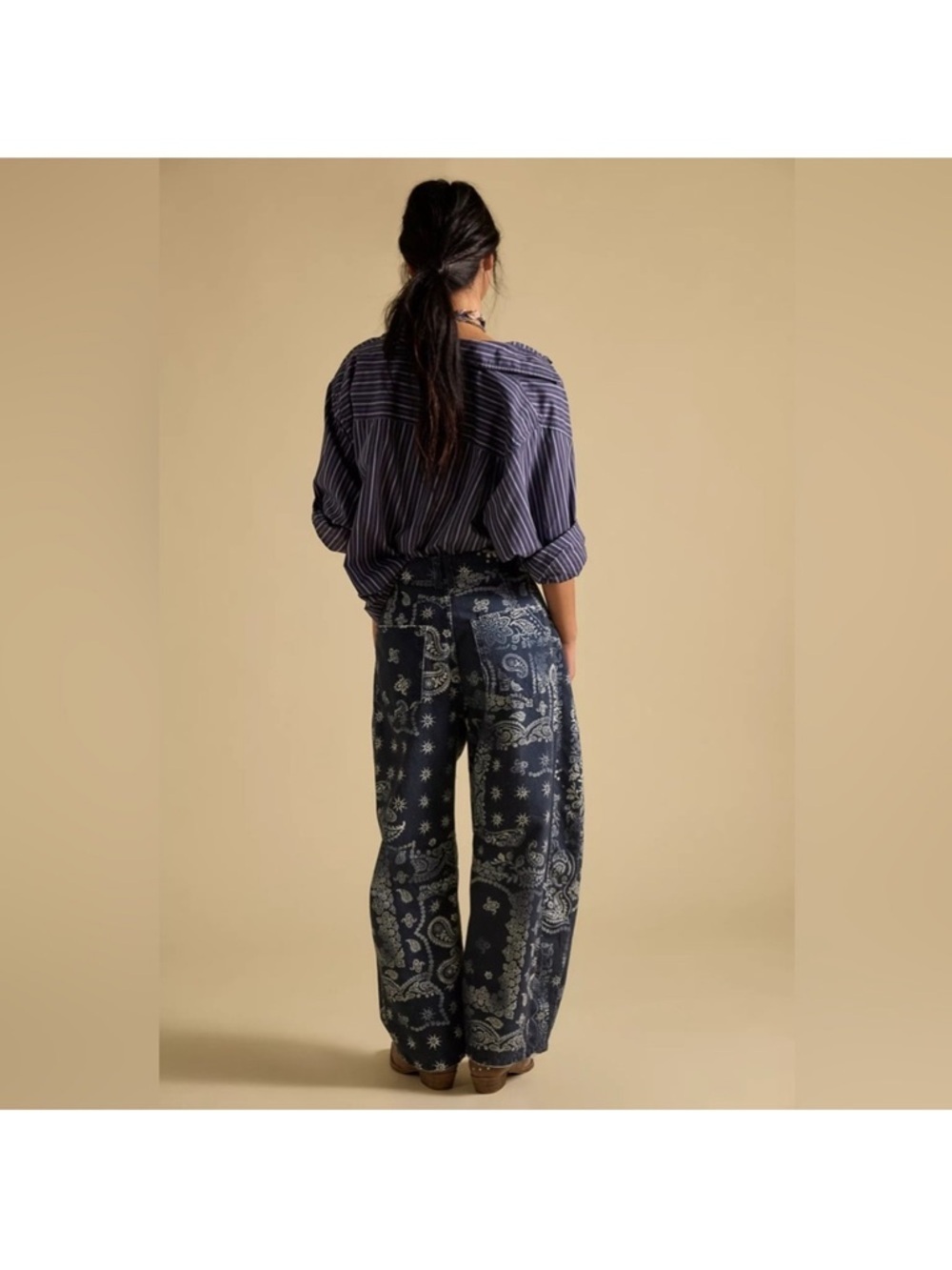 NEW Free People We The Free Good Luck Printed Navy Bandana Barrel Jeans 27 - Picture 4 of 14